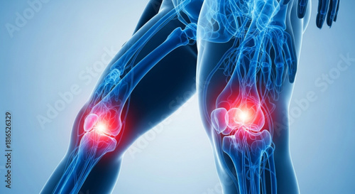 Anatomical illustration of knee joints showing inflammation and skeletal structure with blue hue background