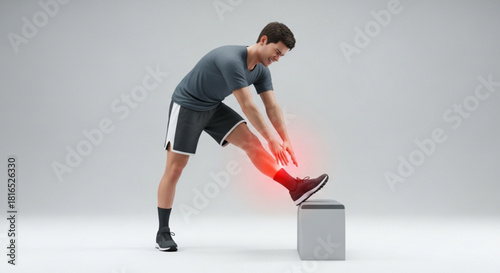 Man stretching leg with red glow indicating pain or injury on a gray background in a studio shot