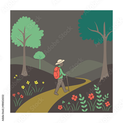 A lone hiker with a backpack and walking stick traverses a winding dirt path, surrounded by lush green trees and vibrant wildflowers, enjoying a peaceful trek through a tranquil natural landscape