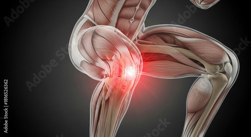 Anatomical illustration highlighting knee joint pain with muscle and bone structure visible in detail