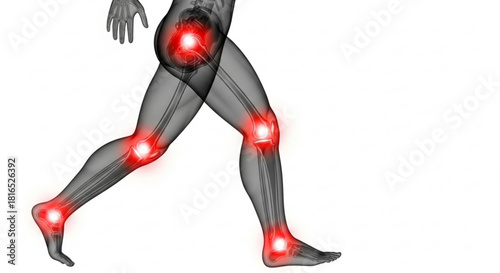 Human anatomy illustration showing joints with pain highlighted in red on a walking body figure
