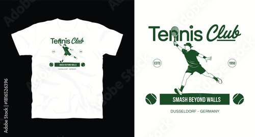 Tennis club logo design for t-shirt with smash beyond walls
