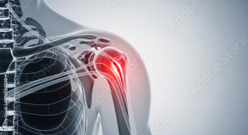 Anatomical representation of the human shoulder with highlighted pain area in a medical visualization