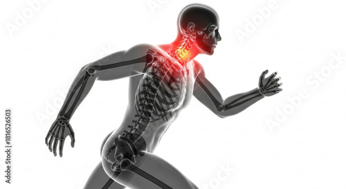 Human anatomy illustration showing skeleton and muscle structure with neck pain highlighted in red