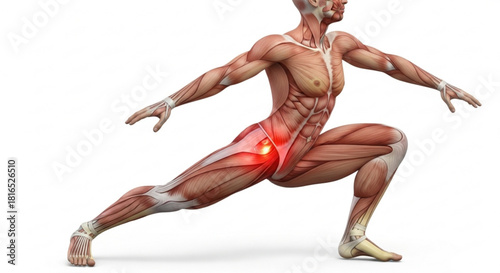 Anatomical illustration of a human figure in a lunge position with highlighted hip joint area pain