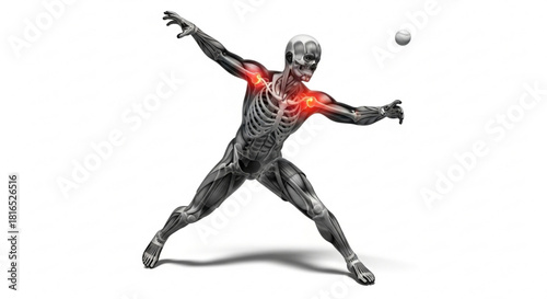 Anatomical skeleton throwing a ball with shoulder pain highlighted in red color on a white background