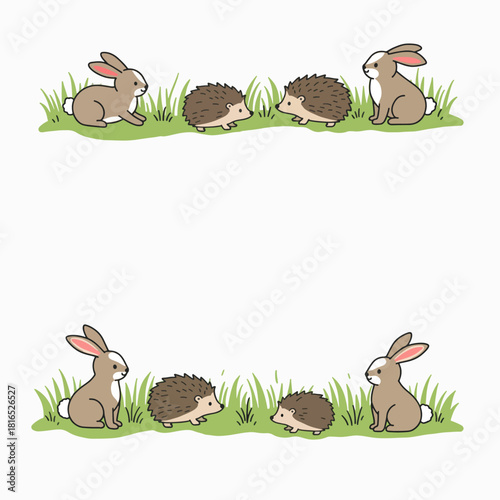 Cute cartoon rabbits and hedgehogs sitting on green grass, forming a decorative border at the top and bottom of a white background.