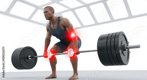 Man lifting heavy barbell with red highlights indicating pain in joints and muscular strain during exercise