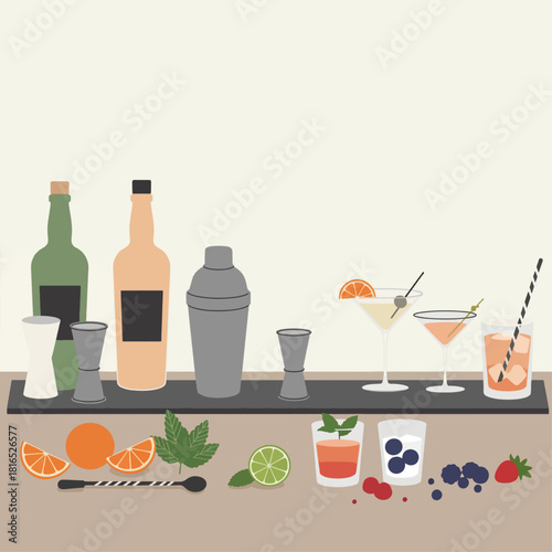 A colorful illustration of a bar setup with various cocktail ingredients and drinks.
