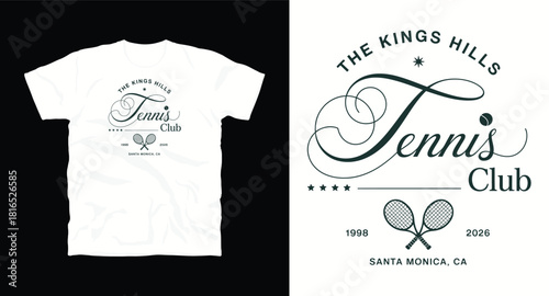 The kings hills tennis club logo design on white t-shirt