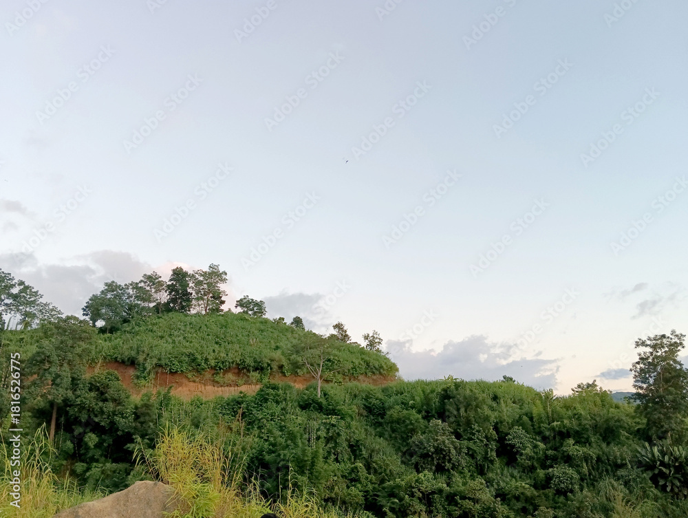 Obraz premium Lush Green Hillside Under a Soft Blue Sky with Scattered Clouds