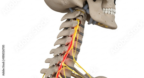 Anatomical view of the cervical spine showing the vertebrae, spinal cord, and nerve roots in detail