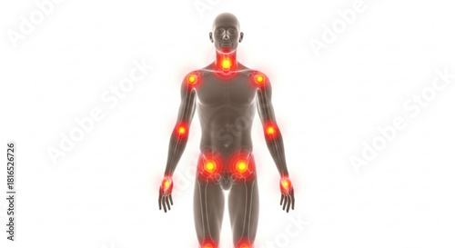 Anatomical illustration of a human figure with highlighted joints indicating pain or inflammation shown