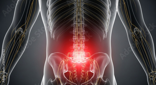 Human body anatomy showing the spine and nervous system with a focus on lower back pain area
