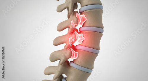 Human spine with highlighted area showing inflammation or injury in the vertebral column region