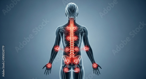 Human back view with spine and joints highlighted in red indicating pain or inflammation on blue background
