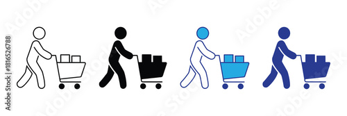 Four diverse icons depicting a person pushing a shopping cart filled with boxes, representing commerce and shopping in various styles and colors