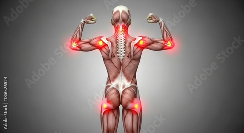 Anatomical illustration showing muscles and skeleton with highlighted pain points in red color, rear view