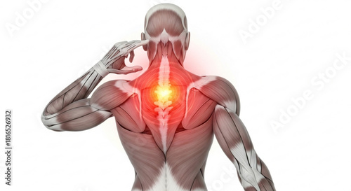 Anatomical depiction of a human back with highlighted pain area around the spinal column region shown