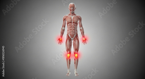 Anatomical illustration of a human body with highlighted joints indicating pain or inflammation shown