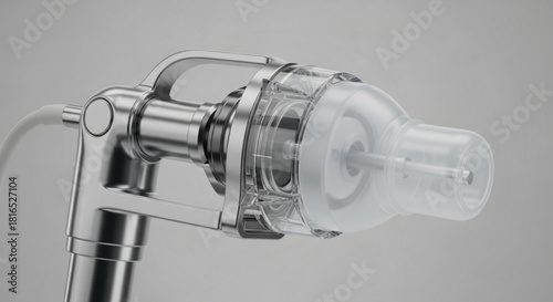 Close up of a medical device with a clear plastic chamber and metallic components on a neutral background