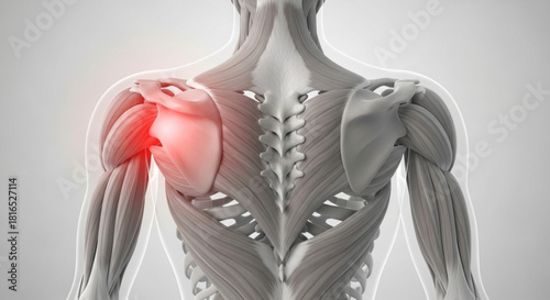 Anatomical illustration of the human back with emphasis on the shoulder and associated pain area highlighted