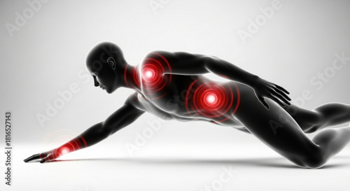 Illustration showing human body with red circles indicating pain points on various areas of the body