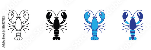 Collection of stylized lobster icons in black, white, and blue variations, isolated on a clean white background for easy use.