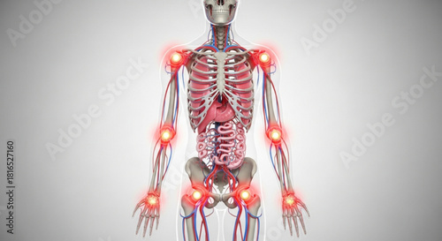 Anatomical representation of human skeleton with illuminated joints indicating pain areas shown in detail