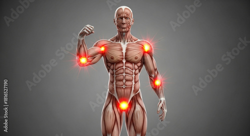 Anatomical illustration of a muscular human figure with highlighted joints and pelvic region