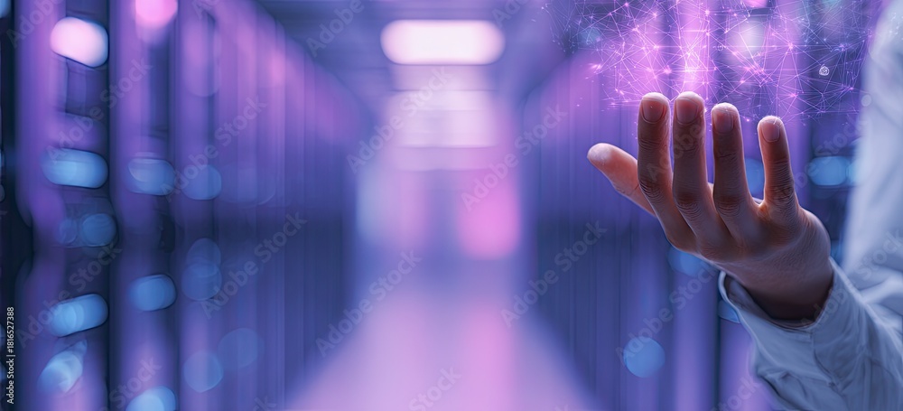 Fototapeta premium A hand reaching towards a glowing network of lights in a server room