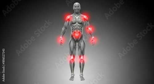 Anatomical illustration showing human body with highlighted joints and muscle structure in red color