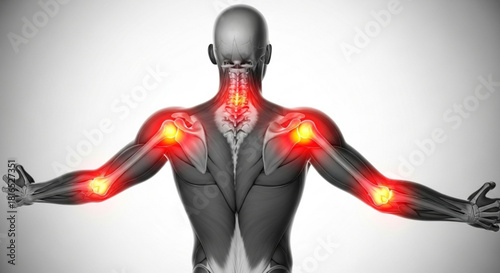 Anatomical illustration showing human back and arm pain with highlighted joints and spinal region pain