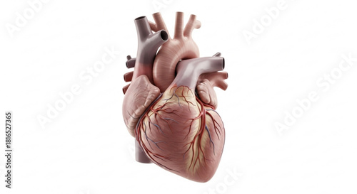 Anatomical rendering showing the human heart with arteries and veins on a plain white background view