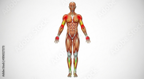 Anatomical illustration of human body showing muscles and pain points in arms and legs clearly visible