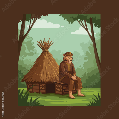 Anthropomorphic lion sitting by a hut in a forest illustration.