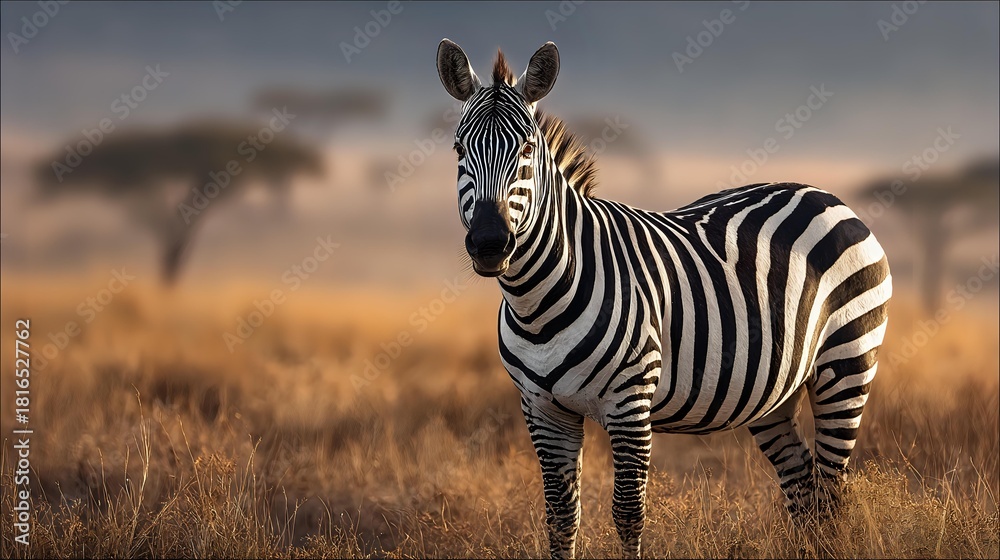 Fototapeta premium Zebra standing in golden savanna grass during sunset with acacia trees in background on African plains.