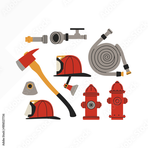 A collection of firefighting equipment including helmets, an axe, a hose, and hydrants, presented in a flat design style.