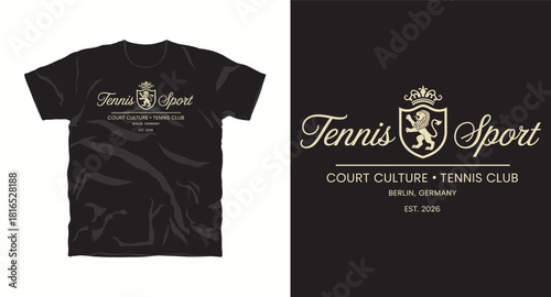Tennis sport t-shirt design featuring lion crest and court culture text