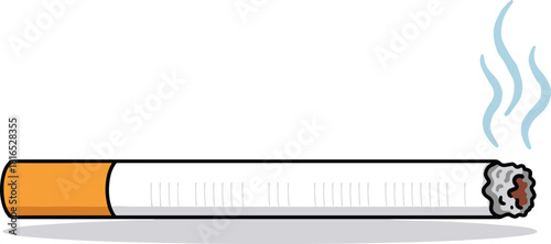 Lit cigarette illustration with smoke and ember, tobacco product vector design, health risk and smoking awareness concept
