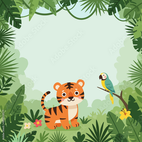 A cute cartoon baby tiger and a macaw parrot in a lush tropical jungle frame with copy space.