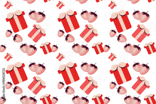 A seamless pattern for Valentine's Day featuring strawberries and gifts. Celebrates love, family, and fidelity. Can be used as a pattern for packaging and decor.