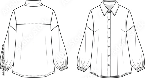 Long-sleeved blouse technical sketch, front and back views with collar, yoke, button placket, and gathered cuffs, fashion design vector
