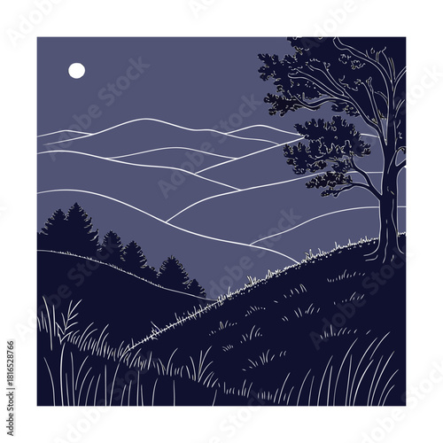 A serene and stylized illustration capturing the tranquil beauty of a moonlit night over rolling hills, with silhouetted trees and delicate white outlines creating a peaceful natural landscape scene