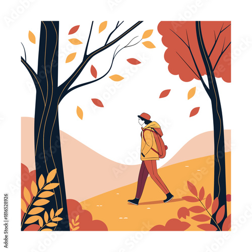 A person enjoys a peaceful autumn walk through a vibrant forest path, surrounded by tall trees with colorful falling leaves and rolling hills under a clear sky, embracing the beauty of the season