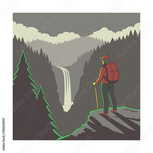 A lone hiker stands on a cliff edge, gazing at a majestic waterfall cascading through a lush, green valley, surrounded by towering trees and rolling hills under a cloudy sky