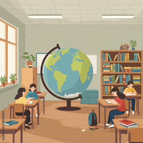 Classroom scene with students, globe, and bookshelves in a bright setting.