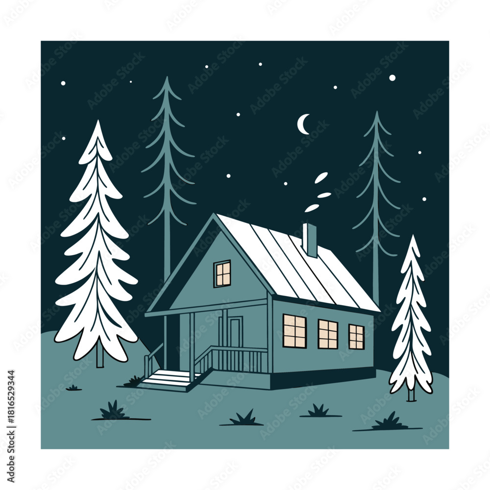 Obraz premium A cozy cabin nestled in a serene forest under a starlit sky, smoke gently rising from the chimney, creating a peaceful winter scene with snowcovered trees and a tranquil atmosphere