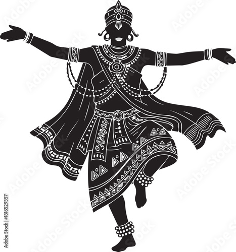 Silhouette of a traditional indian dancer in elaborate costume with arms outstretched