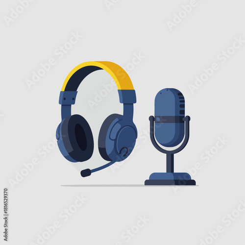 Illustration of a blue headset with a yellow headband and a blue microphone on a stand.